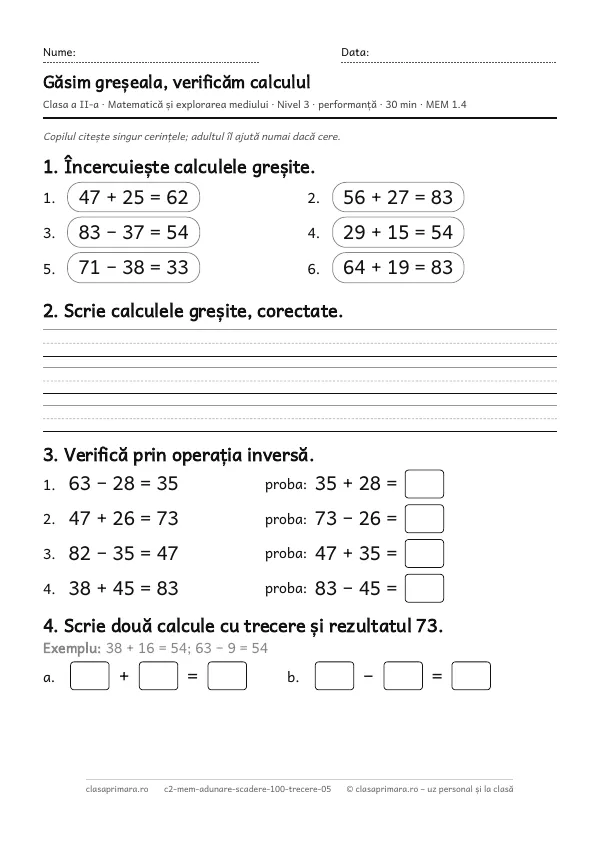 Prima pagină a fișei „Găsim greșeala, verificăm calculul”, clasa a II-a, nivelul 3