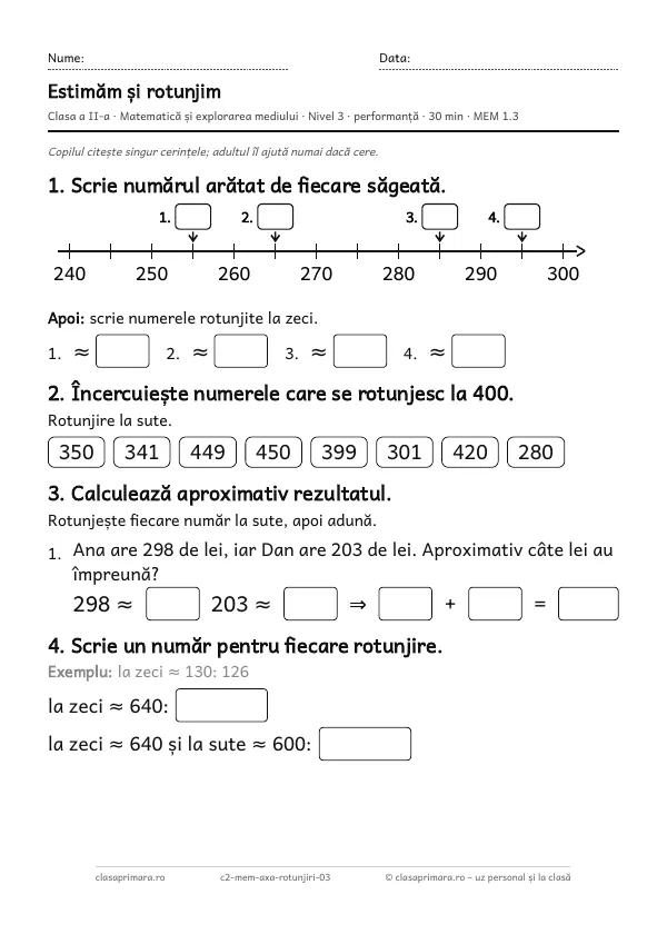 Prima pagină a fișei „Estimăm și rotunjim”, clasa a II-a, nivelul 3