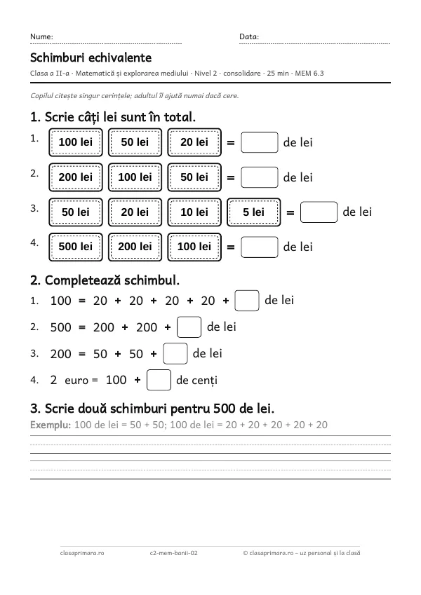 Prima pagină a fișei „Schimburi echivalente”, clasa a II-a, nivelul 2