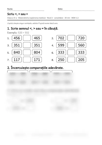 Prima pagină a fișei „Scriu <, > sau =”, clasa a II-a, nivelul 2
