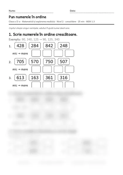Prima pagină a fișei „Pun numerele în ordine”, clasa a II-a, nivelul 2