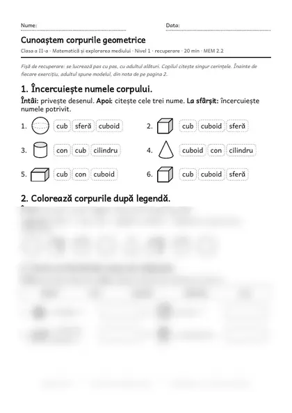Prima pagină a fișei „Cunoaștem corpurile geometrice”, clasa a II-a, nivelul 1