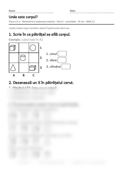 Prima pagină a fișei „Unde este corpul?”, clasa a II-a, nivelul 2