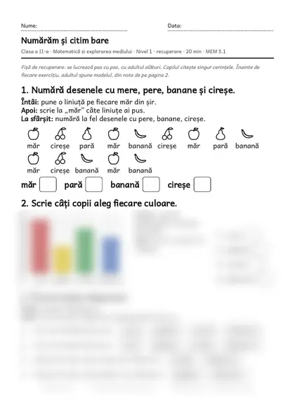 Prima pagină a fișei „Numărăm și citim bare”, clasa a II-a, nivelul 1
