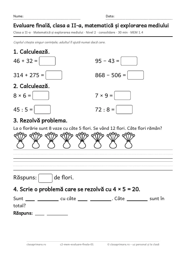 Prima pagină a fișei „Evaluare finală, clasa a II-a, matematică și explorarea mediului”, clasa a II-a, nivelul 2