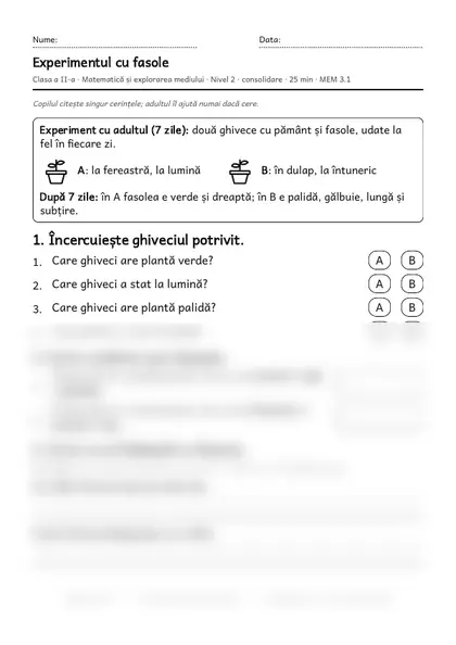 Prima pagină a fișei „Experimentul cu fasole”, clasa a II-a, nivelul 2