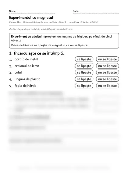 Prima pagină a fișei „Experimentul cu magnetul”, clasa a II-a, nivelul 2