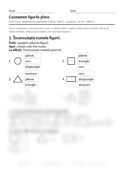 Prima pagină a fișei „Cunoaștem figurile plane”, clasa a II-a, nivelul 1
