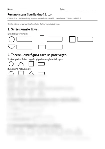 Prima pagină a fișei „Recunoaștem figurile după laturi”, clasa a II-a, nivelul 2