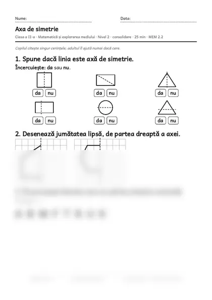 Prima pagină a fișei „Axa de simetrie”, clasa a II-a, nivelul 2