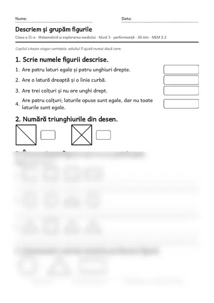 Prima pagină a fișei „Descriem și grupăm figurile”, clasa a II-a, nivelul 3
