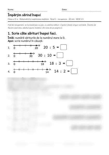 Prima pagină a fișei „Împărțim sărind înapoi”, clasa a II-a, nivelul 1