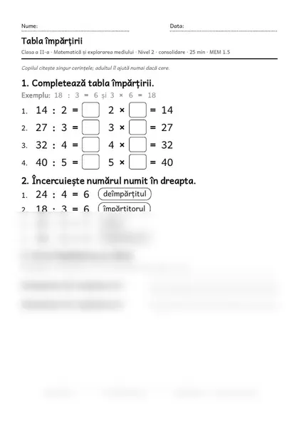 Prima pagină a fișei „Tabla împărțirii”, clasa a II-a, nivelul 2
