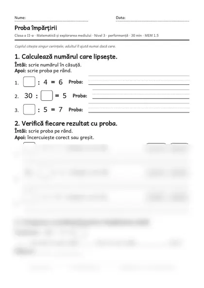 Prima pagină a fișei „Proba împărțirii”, clasa a II-a, nivelul 3