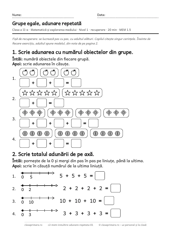 Prima pagină a fișei „Grupe egale, adunare repetată”, clasa a II-a, nivelul 1