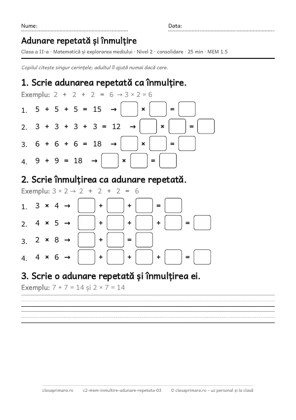 Prima pagină a fișei „Adunare repetată și înmulțire”, clasa a II-a, nivelul 2