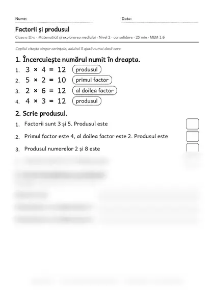 Prima pagină a fișei „Factorii și produsul”, clasa a II-a, nivelul 2