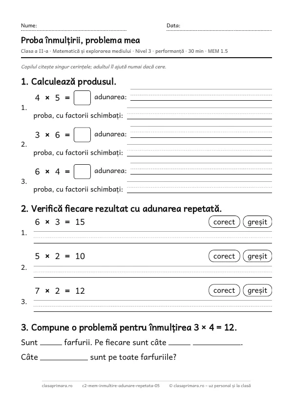 Prima pagină a fișei „Proba înmulțirii, problema mea”, clasa a II-a, nivelul 3