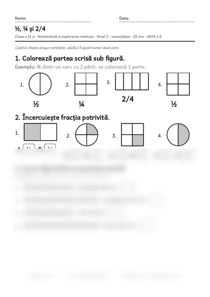 Prima pagină a fișei „½, ¼ și 2/4”, clasa a II-a, nivelul 2