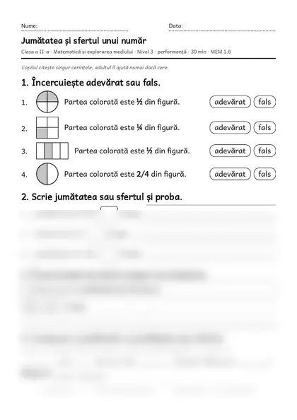 Prima pagină a fișei „Jumătatea și sfertul unui număr”, clasa a II-a, nivelul 3