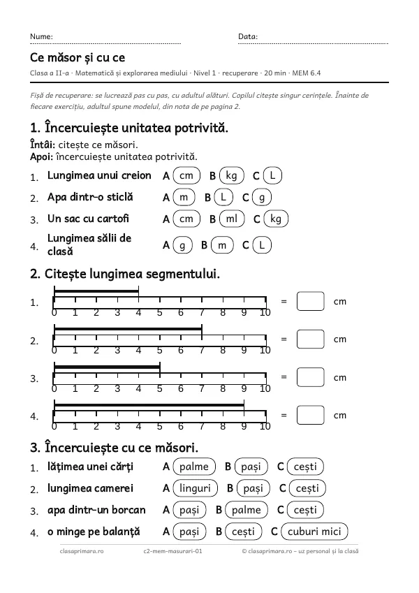 Prima pagină a fișei „Ce măsor și cu ce”, clasa a II-a, nivelul 1