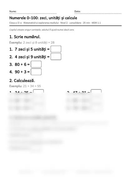 Prima pagină a fișei „Numerele 0–100: zeci, unități și calcule”, clasa a II-a, nivelul 2
