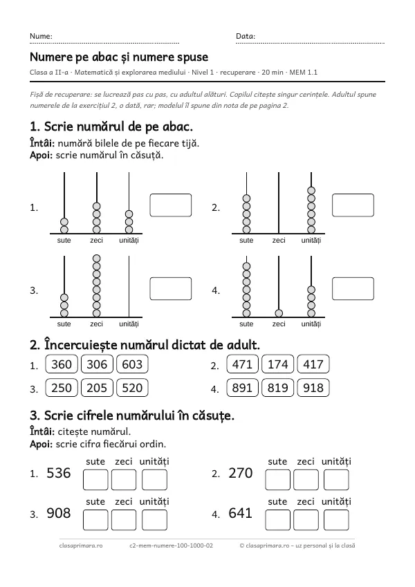 Prima pagină a fișei „Numere pe abac și numere spuse”, clasa a II-a, nivelul 1