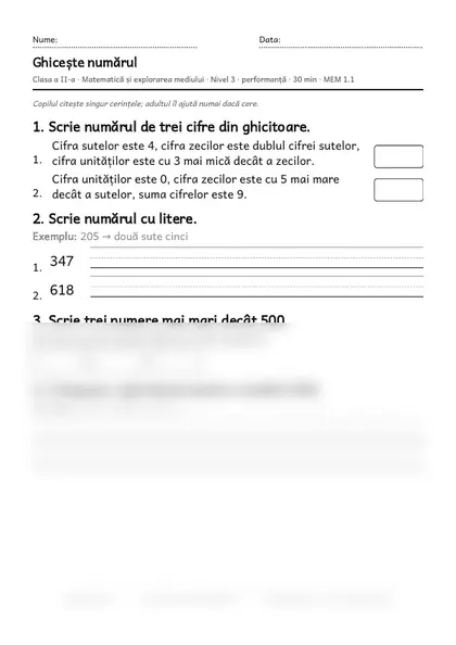 Prima pagină a fișei „Ghicește numărul”, clasa a II-a, nivelul 3