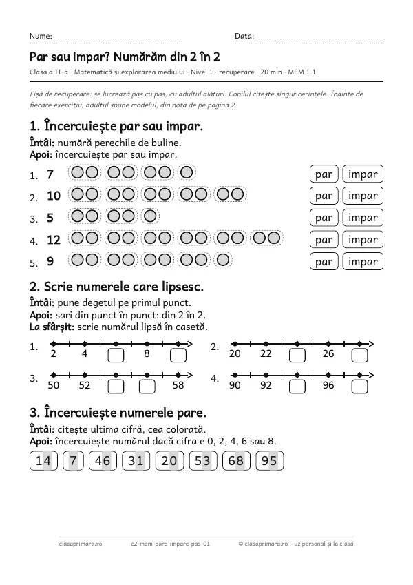 Prima pagină a fișei „Par sau impar? Numărăm din 2 în 2”, clasa a II-a, nivelul 1