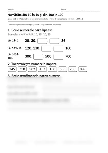 Prima pagină a fișei „Numărăm din 10 în 10 și din 100 în 100”, clasa a II-a, nivelul 2