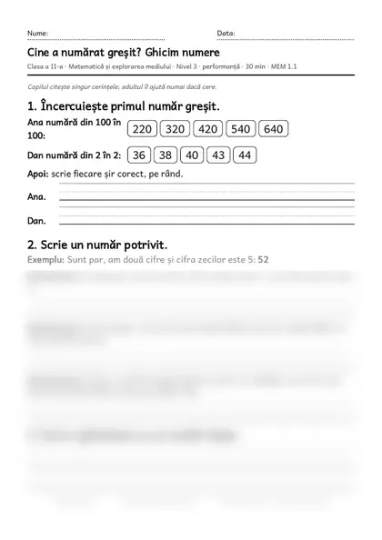 Prima pagină a fișei „Cine a numărat greșit? Ghicim numere”, clasa a II-a, nivelul 3