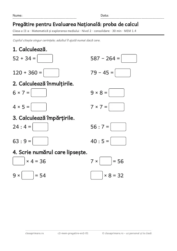 Prima pagină a fișei „Pregătire pentru Evaluarea Națională: proba de calcul”, clasa a II-a, nivelul 2