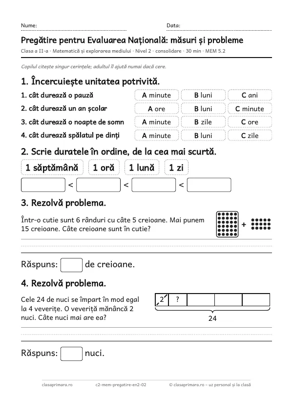 Prima pagină a fișei „Pregătire pentru Evaluarea Națională: măsuri și probleme”, clasa a II-a, nivelul 2