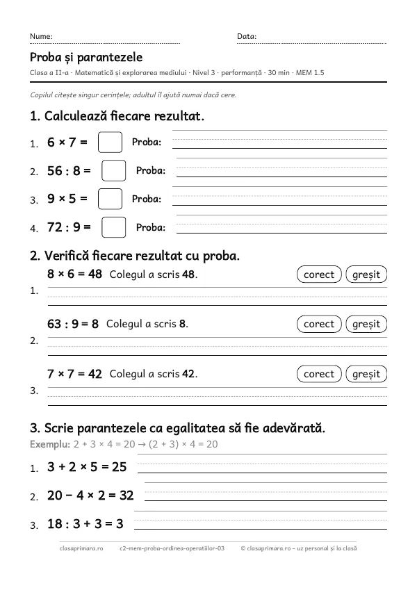 Prima pagină a fișei „Proba și parantezele”, clasa a II-a, nivelul 3
