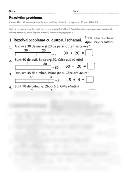 Prima pagină a fișei „Rezolvăm probleme”, clasa a II-a, nivelul 1