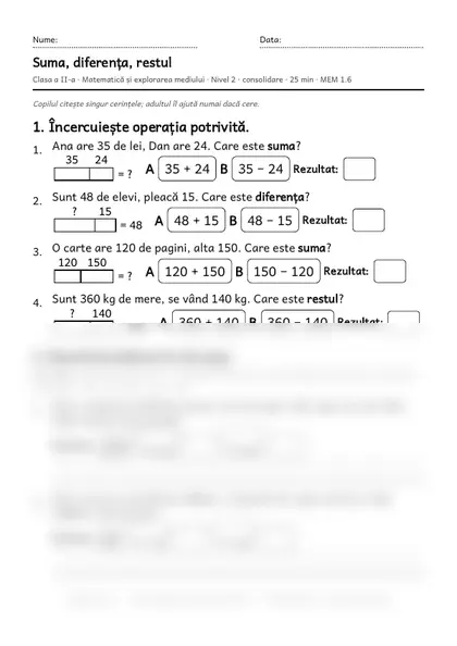 Prima pagină a fișei „Suma, diferența, restul”, clasa a II-a, nivelul 2