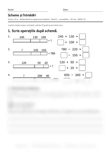 Prima pagină a fișei „Scheme și întrebări”, clasa a II-a, nivelul 2