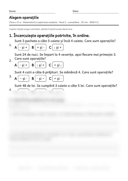 Prima pagină a fișei „Alegem operațiile”, clasa a II-a, nivelul 2