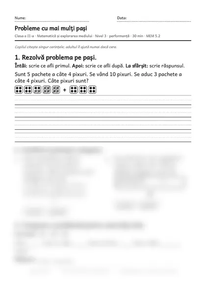 Prima pagină a fișei „Probleme cu mai mulți pași”, clasa a II-a, nivelul 3
