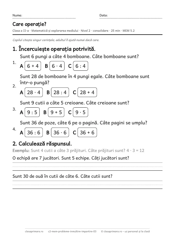 Prima pagină a fișei „Care operație?”, clasa a II-a, nivelul 2