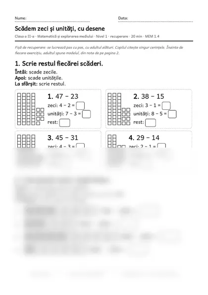 Prima pagină a fișei „Scădem zeci și unități, cu desene”, clasa a II-a, nivelul 1