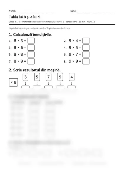 Prima pagină a fișei „Tabla lui 8 și a lui 9”, clasa a II-a, nivelul 2