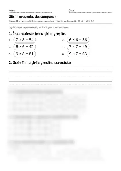 Prima pagină a fișei „Găsim greșeala, descompunem”, clasa a II-a, nivelul 3