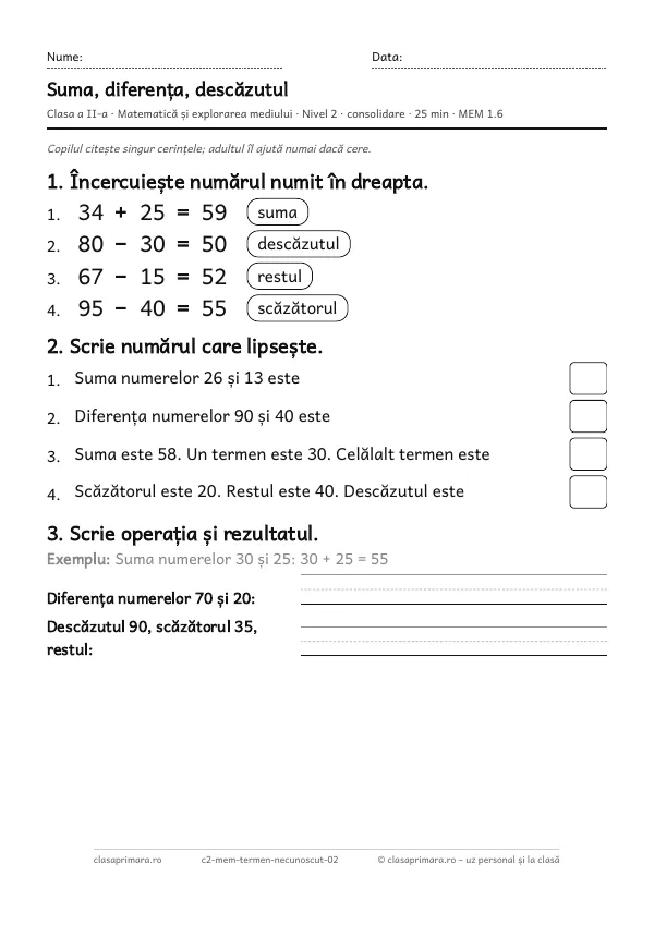 Prima pagină a fișei „Suma, diferența, descăzutul”, clasa a II-a, nivelul 2