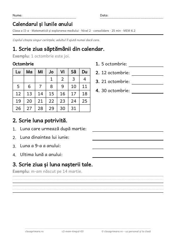 Prima pagină a fișei „Calendarul și lunile anului”, clasa a II-a, nivelul 2
