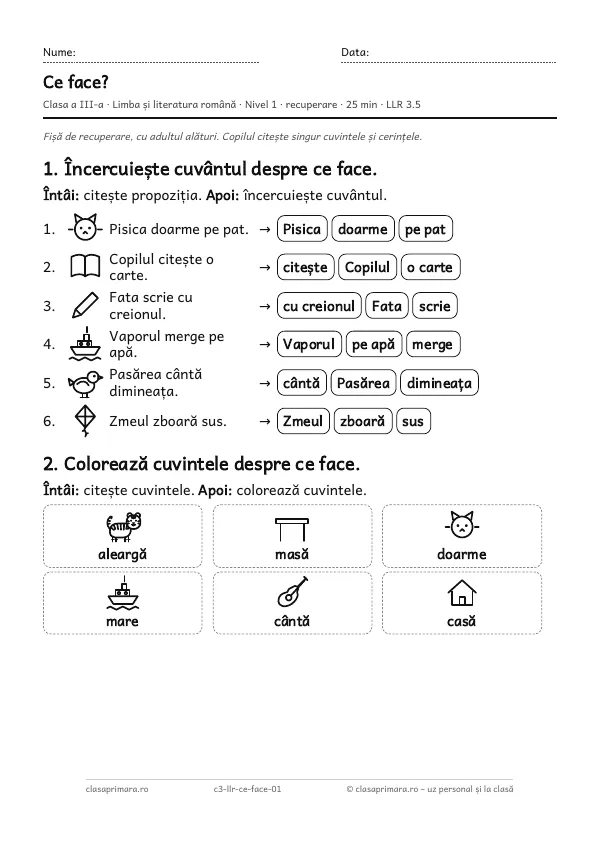 Fișa „Ce face?”, clasa a III-a, nivelul 1