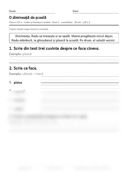 Prima pagină a fișei „O dimineață de școală”, clasa a III-a, nivelul 2