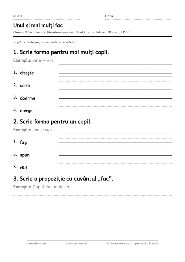 Fișa „Unul și mai mulți fac”, clasa a III-a, nivelul 2