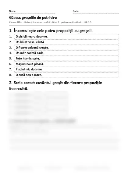 Prima pagină a fișei „Găsesc greșelile de potrivire”, clasa a III-a, nivelul 3