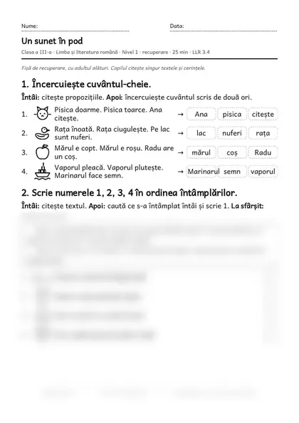 Prima pagină a fișei „Un sunet în pod”, clasa a III-a, nivelul 1